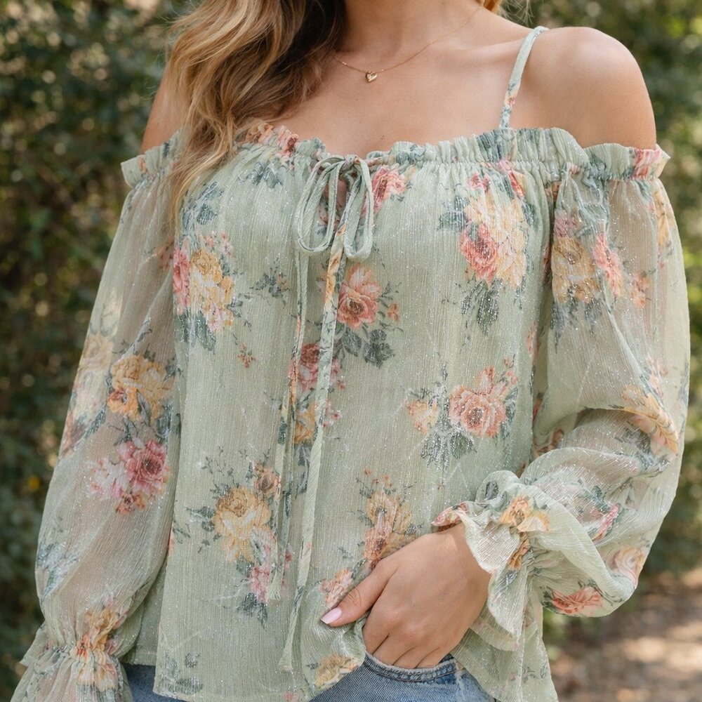 Lumière Sage Floral Sheer Blouse | Romantic Cottagecore Top
